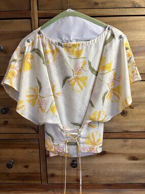 Zara Drop Shoulder Lace Up Waist Floral Blouse Size Small